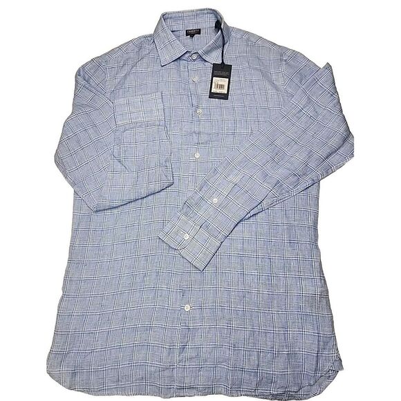 $228 Faherty Reserve Linen Mens Medium Long Sleeve Blue Plaid Button Up Shirt